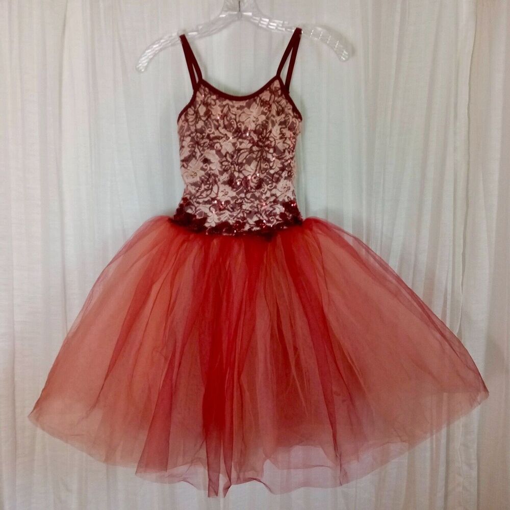 Curtain Call Pageant Costume Ballet TuTu Child M Sparkle Red Pink Leotard Lace